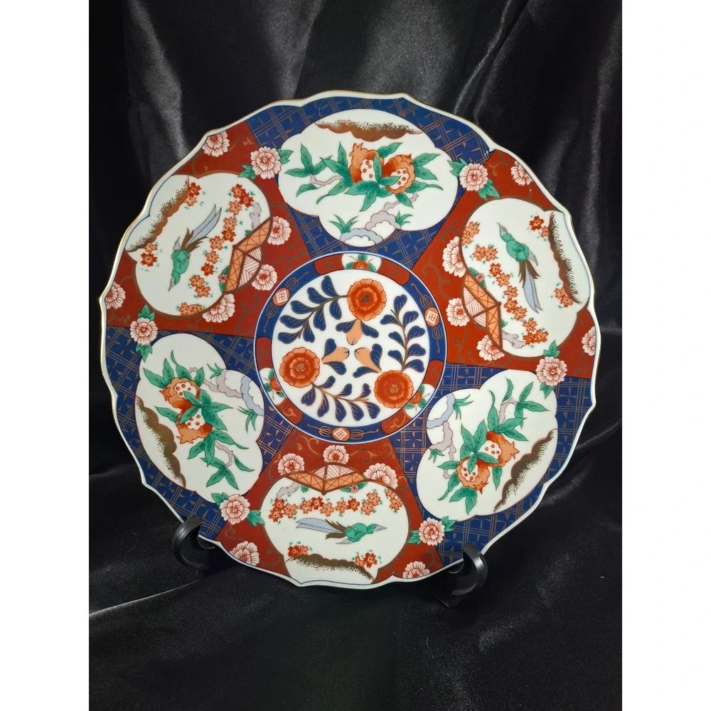 Vintage Japanese Imari Porcelain Charger Plate Scalloped Bird Floral Gold 12